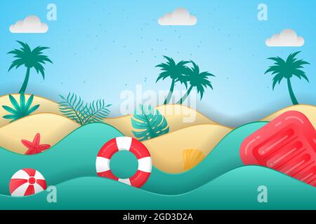 Schöner Sommerhintergrund im Papierschnitt-Stil mit Schwimmbällen, Strandbällen und tropischen Pflanzen. Strand Hintergrund geeignet für den Sommer. Stock Vektor