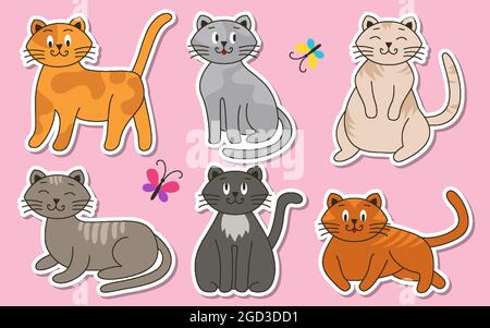 Katzen sind Cartoon und flache bunte Aufkleber, Etiketten, gutmütig, in verschiedenen Farben, ungewöhnliche Gesichter, Verschiedene Posen eingestellt. Verspielte Kätzchen, Haustiere. Leuchtende Schmetterlinge fliegen umher. Vektorgrafik Stock Vektor