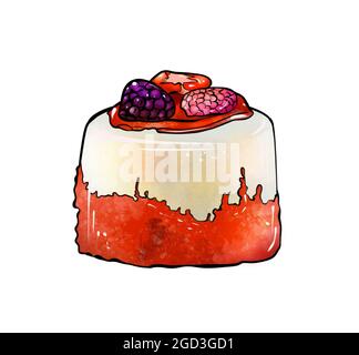 Illustration einer farbigen Süßwarenzeichnung: Roter, runder Mousse-Kuchen mit beigefarbener Glasur und Heidelbeeren, Erdbeeren und Himbeeren auf weißem, isolierten Hintergrund. Hochwertige Illustration Stockfoto