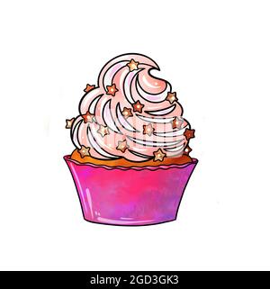 Illustration einer farbigen Zeichnung von Süßigkeiten: Orangefarbener Cupcake mit rosa violetter Creme und verziert mit verschiedenen Farben von Sternen auf einem weißen isolierten Hintergrund. Hochwertige Illustration Stockfoto