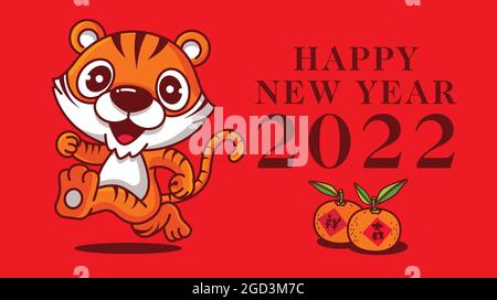 Frohes neues Jahr 2022 Jahr des Tigers. Cartoon niedlichen Tiger Maskottchen mit Neujahrsgrüße Titel - Vektor Maskottchen Stock Vektor