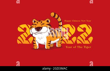 Frohes Chinesisches Neues Jahr 2022. Jahr des Tigers. Cartoon molliger Tiger mit 2022 Titel auf rotem Hintergrund. Stock Vektor