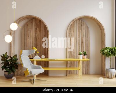 Wohnzimmer Innenraumwand Mockup in warmen Tönen, Sessel auf Holzboden.3d-Rendering Stockfoto