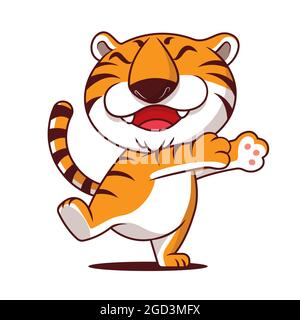 Cartoon niedlichen Tiger mit Lächeln zeigt umarmende Hand auf leeren Raum. Maskottchen des Tigers Stock Vektor