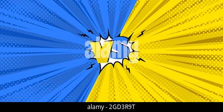 Versus-Symbol im Comic-Hintergrund für Schlachten. Blaues und gelbes Comic-Design in Halbtönen. Vektorgrafik Hintergrund Stock Vektor