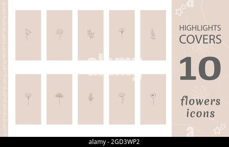 Set mit modernen handgezeichneten Blumen. Highlights Stories deckt beliebte soziale Medien ab. Perfekt für Blogger. Doodle botanische Symbole. Modern Stock Vektor
