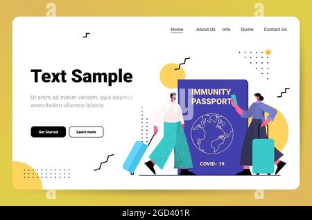 Reisende Paare in der Nähe des globalen Immunitätspasses riskieren eine kostenlose Covid-19-Wiederinfektion pcr-Zertifikat Coronavirus-Immunität Stock Vektor