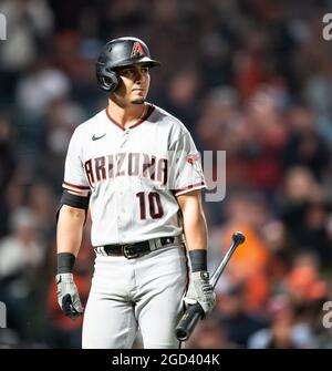 San Francisco, USA. 10. August 2021: Arizona Diamondbacks zweiter Baseman Josh Rojas (10) reagiert während eines MLB-Spiels zwischen den Arizona Diamondbacks und den San Francisco Giants im Oracle Park in San Francisco, Kalifornien, auf seinen achten Inning-Streik. Valerie Shoaps/CSM Credit: CAL Sport Media/Alamy Live News Stockfoto