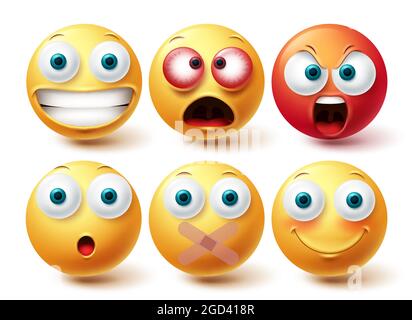 Smiley-Emoji-Vektorset. Smileys Emoticon Gelb und Rot Icon Kollektion Gesichtsausdruck isoliert in weißem Hintergrund für grafische Design-Elemente. Stock Vektor