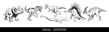 Handzeichnung einer Gruppe von niedlichen Cartoon-Dinosauriern zum Bedrucken von T-Shirts, Tassen, Taschen und Designs. Vektorgrafik. Stock Vektor