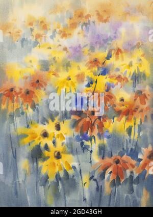 Gelb und orange Sommerblumen Aquarell Hintergrund Stockfoto