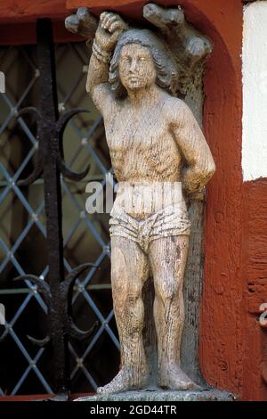 FRANKREICH, ILLE ET VILAINE (35), RENNES, SKULPTUREN AN DEN FASSADEN IM ALTEN VIERTEL, BRETAGNE Stockfoto