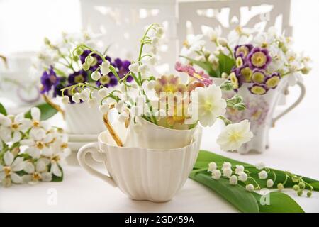 botanik, primula auricula und convallaria in china Cups, ZUSÄTZLICHE-RIGHTS-CLEARANCE-INFO-NOT-AVAILABLE Stockfoto