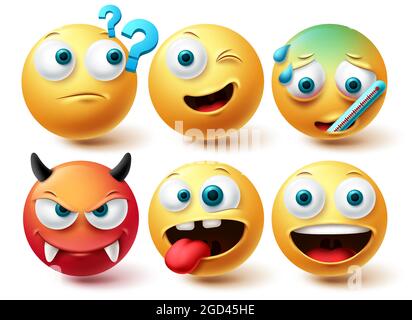 Smiley-Emoji-Vektorset. Smileys Emoticon glücklich, wütend und leise gelb und rot Icon-Sammlung isoliert in weißem Hintergrund für Grafik-Design Stock Vektor
