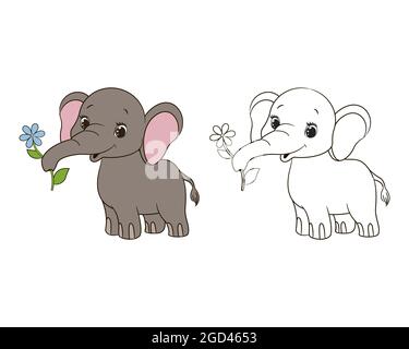 Malvorlagen kleiner Elefant hält eine schöne Blume in seinem Rüssel.Vektor-Illustration, Cartoon, schwarz-weiß isolierte Linie Kunst. Stock Vektor