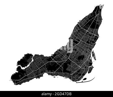 Karte von Montreal. Detaillierte Vektorkarte des Verwaltungsgebiets der Stadt Montreal. Blick auf das Stadtbild mit Postern und die Arie der Metropole. Schwarzes Land mit weißen Straßen, Straßen Stock Vektor