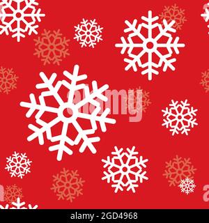 Vektor nahtloses Muster für den Winter, einfache grafische Schneeflocken auf rotem Hintergrund. Nahtloses Muster für Weihnachten, Neujahr Hintergrund. Stockfoto