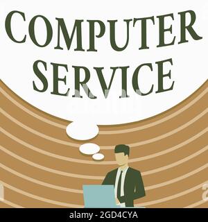 Inspiration mit Schild Computer Service. Konzept bedeutet, Computer-Zeit oder Service einschließlich Datenverarbeitung Dienstleistungen Geschäftsmann in Anzug Zeichnung Stockfoto