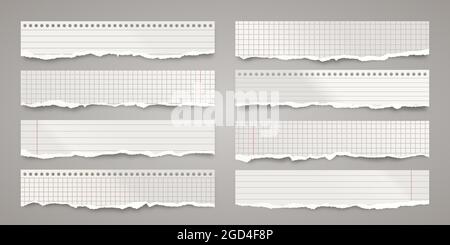 Lange zerrissene Papierstreifen. Realistische zerknitterte Papierreste mit abgerissenen Kanten. Linierte Fetzen von Notizbuchseiten. Vektorgrafik. Stock Vektor