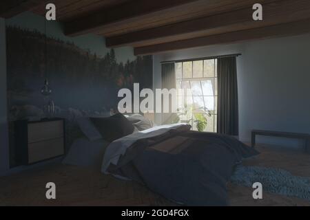 3d-Rendering von Vintage-Schlafzimmer mit Holzbalken und komfortables Bett Stockfoto