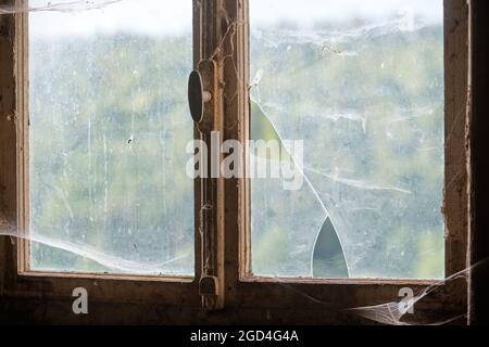 Blick durch ein schmutziges und rostiges altes, kaputtes Vintage-Fenster mit Spinnennetz. Gesehen in Deutschland im Sommer. Stockfoto
