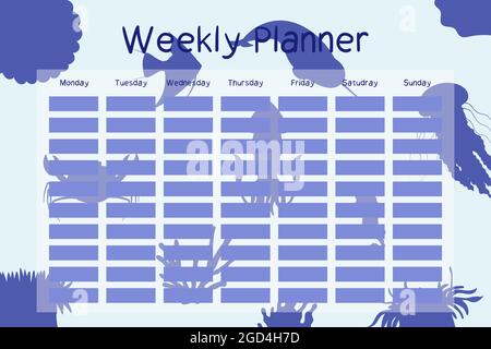 Wochenplaner Vorlage mit Meerestieren Silhouette. Planung für Kinder. Unterwasserhintergrund. Montag bis sonntag Woche. Stock Vektor