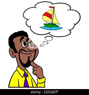 Mann, der an ein Segelboot denkt - EINE Cartoon-Illustration eines Mannes, der an den Kauf eines Segelbootes denkt. Stock Vektor