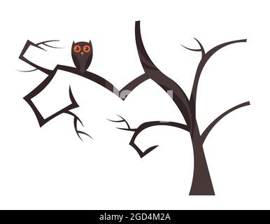 Eule sitzt auf einem Baum mit heruntergefallenen Blättern. Halloween Design-Element. Stock Vektor