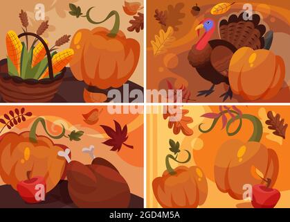 Set von Thanksgiving-Banner im Cartoon-Stil. Verschiedene Plakatdesigns. Stock Vektor