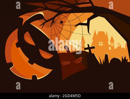 Gruseliges Banner mit Kürbisköpfen. Halloween Plakat-Design im Cartoon-Stil. Stock Vektor