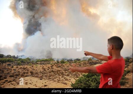 Bizerte, Tunesien. August 2021. Der zweite Tag des Feuers auf dem Berg Ennadhour in Bizerte (60 km nördlich von Tunis). Die jungen Bewohner der Region versuchen, das Feuer mit ihren Händen zu kontrollieren, um zu verhindern, dass sich das Feuer auf andere Gebiete ausbreitet und den Schaden minimiert. © Chokri Mahjoub/ZUMA-Pressdraht) Stockfoto