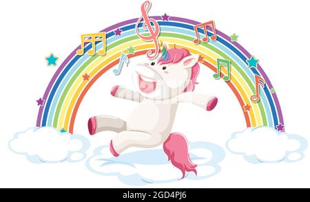 Einhorn springt auf Wolke mit Regenbogen und Melodie Symbol Illustration Stock Vektor