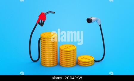 Großer Münzstapel mit einer Kraftstoffpumpe und ein kleiner Münzstapel mit einem Stecker für Elektrofahrzeuge. Kraftstoffpreiskonzept. Blauer Hintergrund. 3d-Rendering. Stockfoto