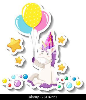 Niedliches Einhorn sitzend Pose und halten Ballons auf weißem Hintergrund Illustration Stock Vektor