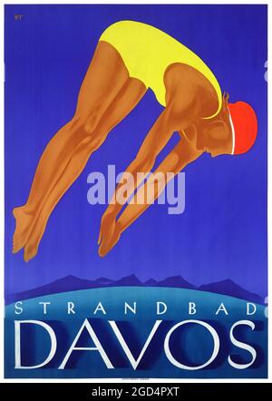 Davos Strandbad von Willy Trapp (1905-1984). Restauriertes Vintage-Poster, das 1930 in der Schweiz veröffentlicht wurde. Stockfoto