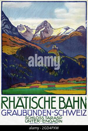 Rhätische Bahn. Graubünden, Schweiz von Emil Cardinaux (1877-1936). Restauriertes Vintage-Poster, das 1913 in der Schweiz veröffentlicht wurde. Stockfoto