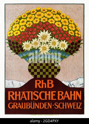 RhB Rhätische Bahn. Graubünden, Schweiz von Ernst Emil Schlatter (1883-1954). Restauriertes Vintage-Poster, das 1911 in der Schweiz veröffentlicht wurde. Stockfoto