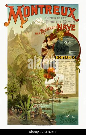 Montreux. Chemin de fer Territet - Glyon aux Rochers de Naye. Lac Léman Suisse von Peter Balzer (1855-1916). Restauriertes Vintage-Poster, das 1894 in der Schweiz veröffentlicht wurde. Stockfoto