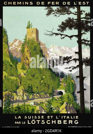 Chemins de fer de l'Est. La Suisse et l'Italie par le Lötschberg von Geo Dorival (1879-1968). Restauriertes Vintage-Poster, das 1910 in der Schweiz veröffentlicht wurde. Stockfoto