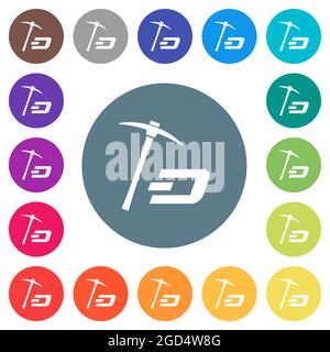 Dash Kryptowährung Mining mit Schatz flache weiße Symbole auf runden farbigen Hintergründen. 17 Farbvarianten im Hintergrund sind enthalten. Stock Vektor