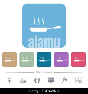 Dampfende Bratpfanne Seitenansicht weiße flache Symbole auf abgerundeten quadratischen Hintergründen. 6 Bonus-Symbole enthalten Stock Vektor