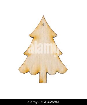 Holzspielzeug Dekoration von Weihnachtsbaum Silhouette isoliert auf weiß. Konzepte von Weihnachten, Neujahr und Winterferien. Lebendiges grünes Designelement. Stockfoto