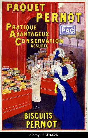 Französisches Poster – Kunstwerk von Leonetto Cappiello. Paquet Pernot, Kekse Pernot: Pratique, avantageux, Conservation assurée. Stockfoto