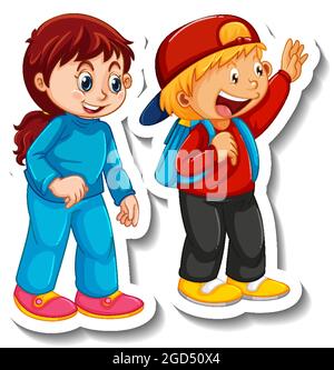 Sticker Vorlage mit paar Kindern Studenten Cartoon Charakter isoliert Illustration Stock Vektor