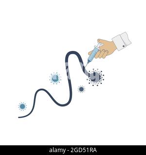 Das Konzept, die neue Welle des Coronavirus durch Impfung zu stoppen. Eine Hand mit einer Spritze macht eine Injektion. Vektorgrafik. Stock Vektor