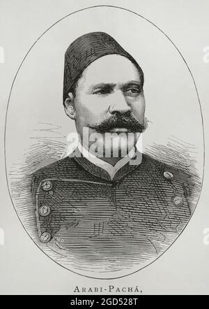 Ahmed 'Urabi (1841-1911). Ägyptischer Revolutionär. Nationalistischer Militäroffizier in der ägyptischen Armee. Er nahm an dem Aufstand von 1879 gegen den khedivischen Tawfiq Pascha, gegen die britische und französisch kontrollierte ägyptische Regierung Kriegsminister während der Regierungszeit von Tewfik Pascha Teil. Hochformat. Gravur. La Ilustración Española y Americana, 1882. Stockfoto