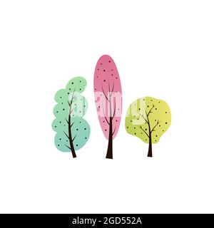 Schöne bunte Cartoon Bäume. Kinderillustrationen im Stil von Doodle und Handzeichnen. Elemente, Cliparts, Objekte für die Gestaltung von Grußansagen Stock Vektor