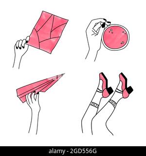 Fashion Set von linearen Ikonen von Händen und Füßen. Cliparts, Elemente, Objekte für die Gestaltung von Aufklebern, Logos, Etiketten, Emblemen. Hand mit einer Tasse Stock Vektor