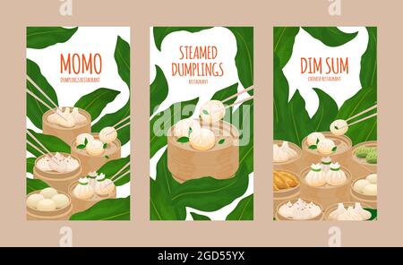 Gedämpfte Knödel momo und Dim Sum. Vorlage von Flyer, Plakat, Speisekarte Karte decken Restaurant mit verschiedenen Knödel, gedünstete Brötchen. Momo und dimsum in s Stock Vektor