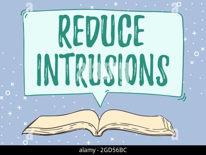 Handschriftliche Texte reduzieren Eindringlinge. Business Showcase eine Strategie zur Reduzierung und Überwachung von Fehlalarmraten Open Book Illustration mit Speech Bubble Stockfoto